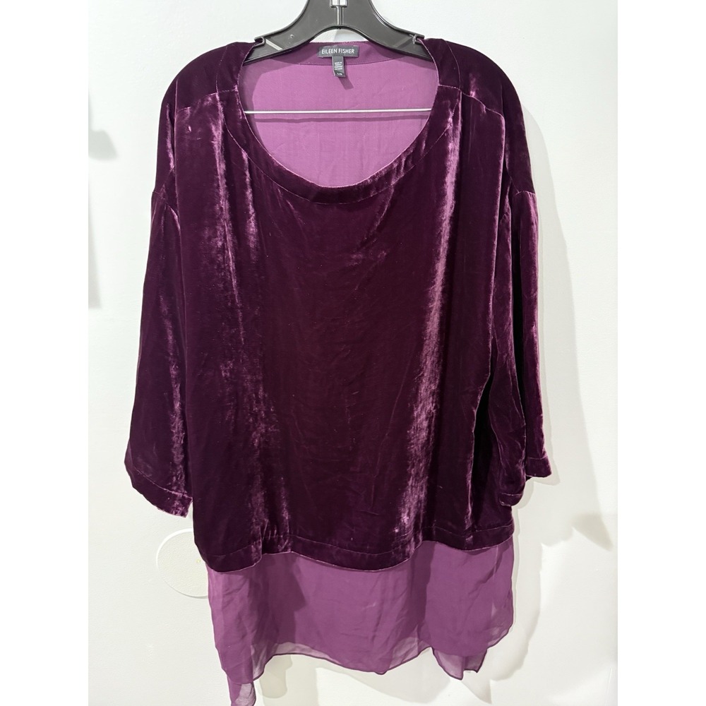 Eileen Fisher Raisonette Bateau Neck Velvet Sheer Hi-Lo Hem Top Size Large U